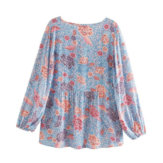 Damen Langarmbluse mit floralem Muster und Raffung Fudus