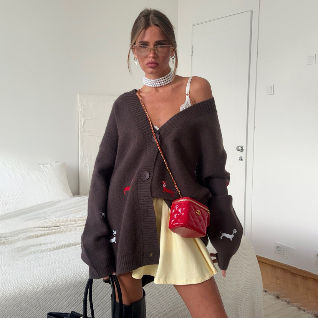 Damen lässige Strickjacke mit einzigartigen Stickerei-Details Fudus