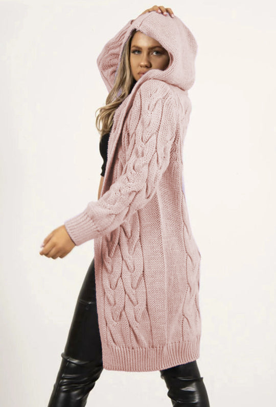 Damen Grobstrick-Wickelcardigan mit Kapuze und Zopfmuster Fudus