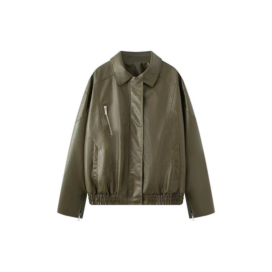 Damen Kunstlederjacke mit angesagtem Stehkragen und praktischen Reißverschlusstaschen Fudus