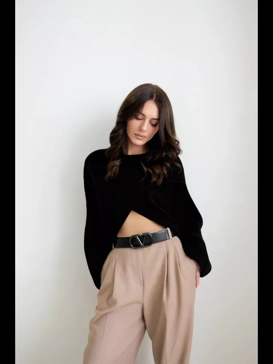 Damen Modischer cropped Strickpullover mit innovativem Schnitt Fudus