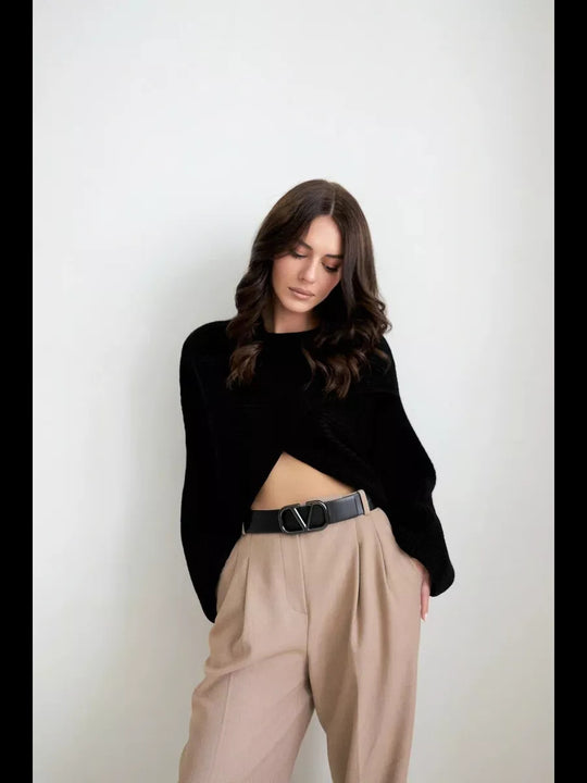 Damen Modischer cropped Strickpullover mit innovativem Schnitt Fudus