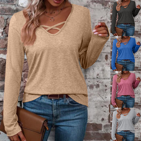 Damen langärmliges Shirt mit Kreuz-Ausschnitt Fudus