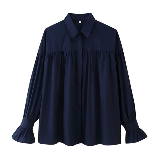 Damen lässige Bluse mit eleganten Rüschendetails und hohem Kragen Fudus