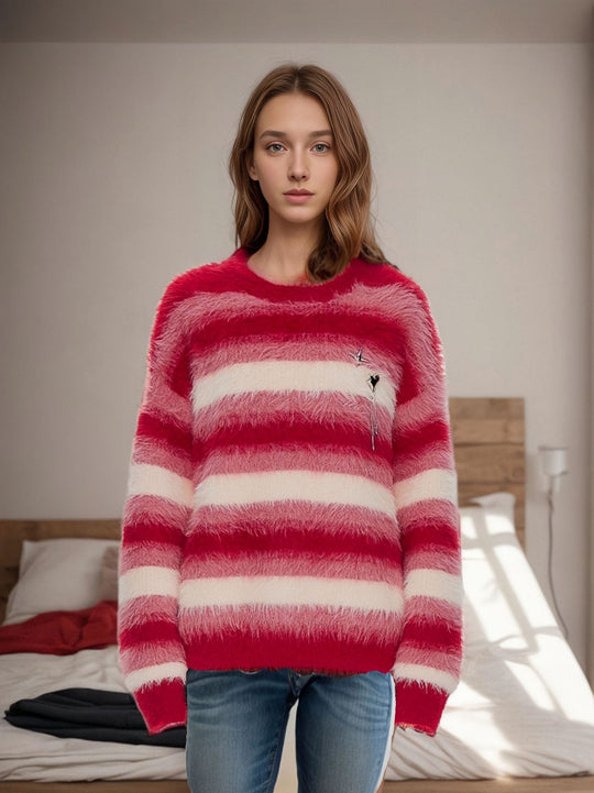 Damen kuscheliger Strickpullover mit modernen Streifen Fudus