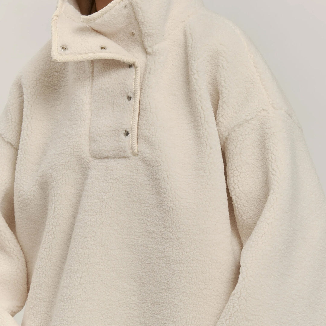 Damen Kuschelige Oversized Fleecejacke mit Stehkragen und Druckknöpfen Fudus