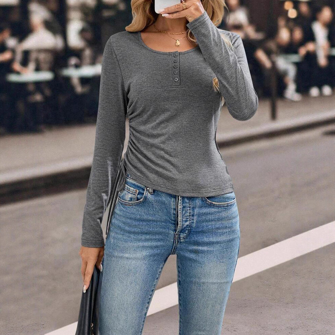 Damen Langarmshirt mit Knopfleiste und figurbetontem Schnitt Fudus