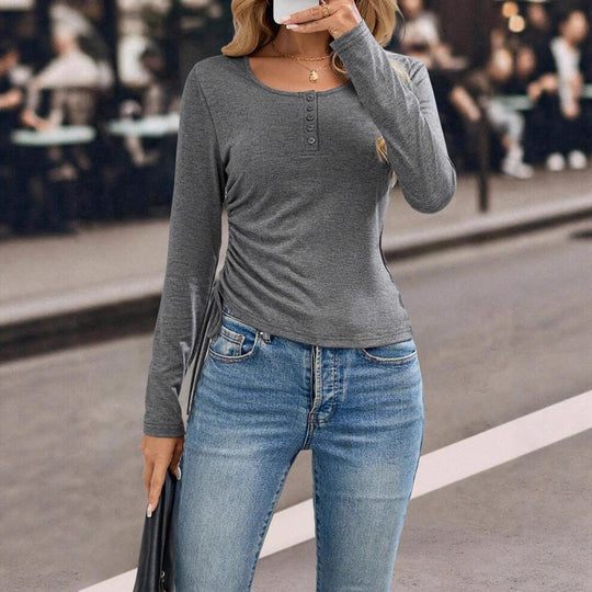 Damen Langarmshirt mit Knopfleiste und figurbetontem Schnitt Fudus