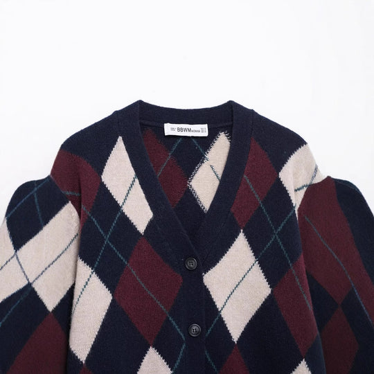 Damen lässige Strickjacke im modernen Rautenmuster mit V-Ausschnitt und Knopfdetails Fudus