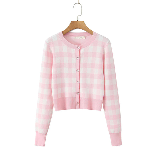 Damen modischer karierten Strickjacke mit Rundhalsausschnitt und Knopfverschluss Fudus