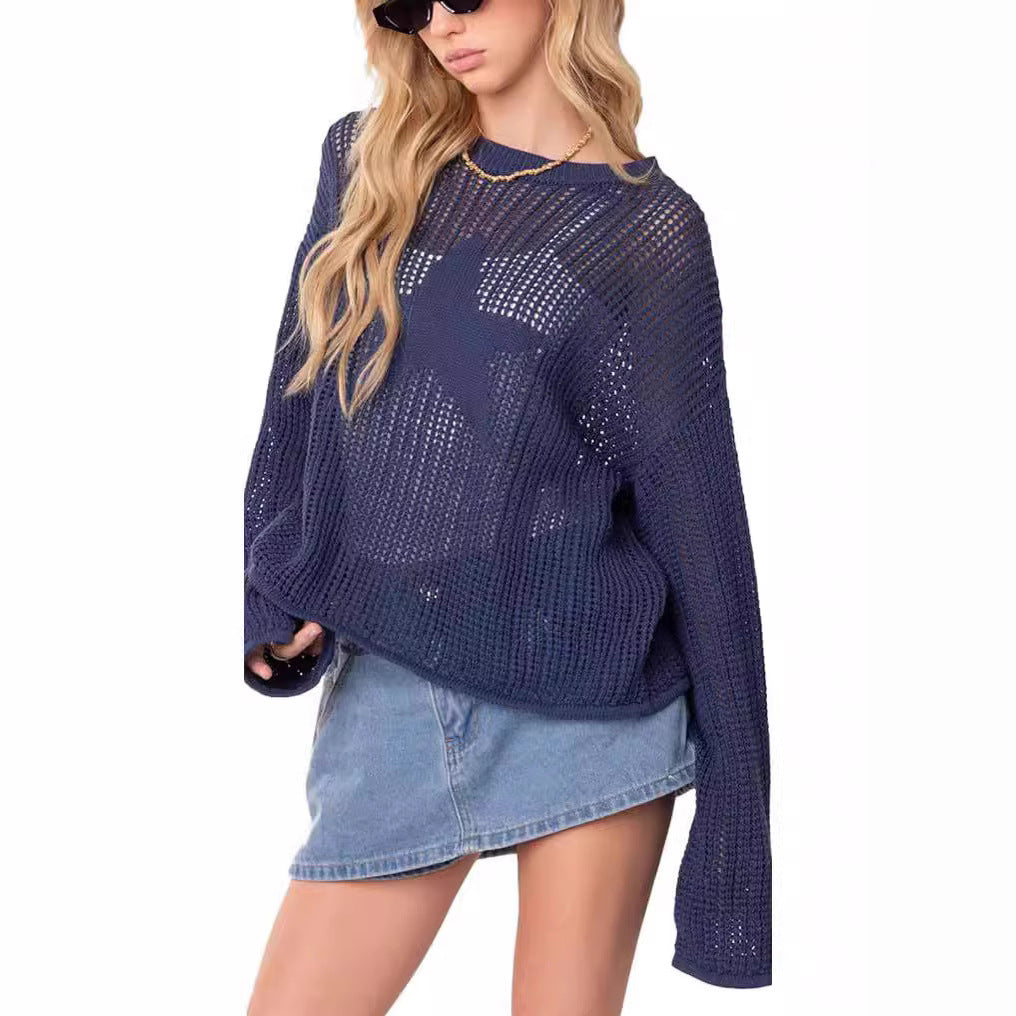 Damen Grobstrickpullover mit Sternenmuster und weiten Ärmeln Fudus