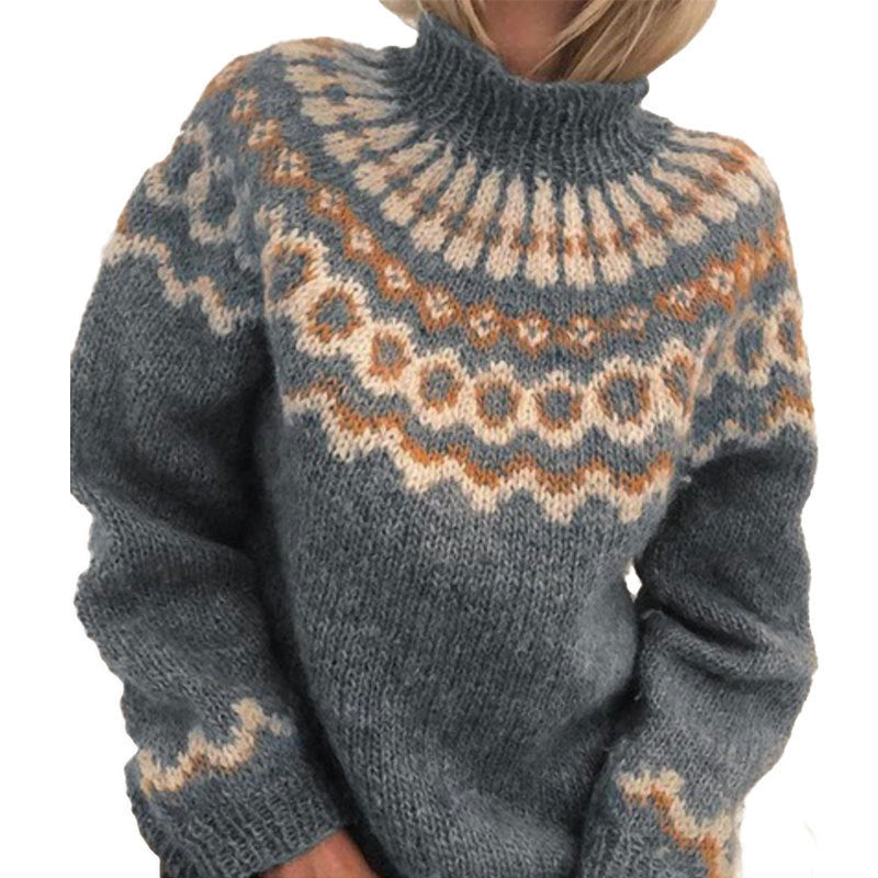 Damen Kuscheliger Strickpullover mit außergewöhnlichem Norweger-Muster Fudus