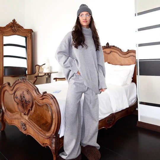 Damen komfortabler Strickanzug mit hohem Kragen und lockerer Passform Fudus