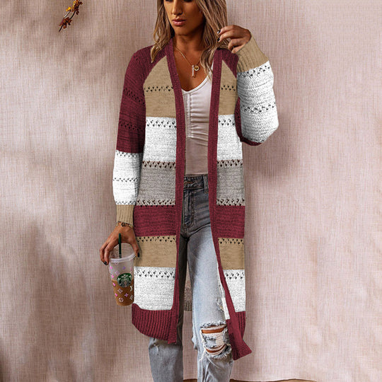 Damen Langer Strickcardigan mit eleganten Häkelmustern Fudus