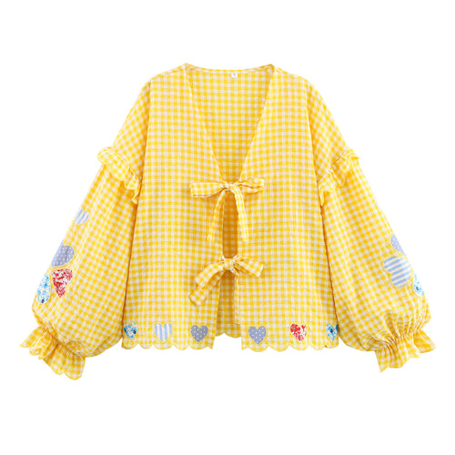 Damen lässige Bluse mit Rüschendetails und verspieltem Karomuster Fudus