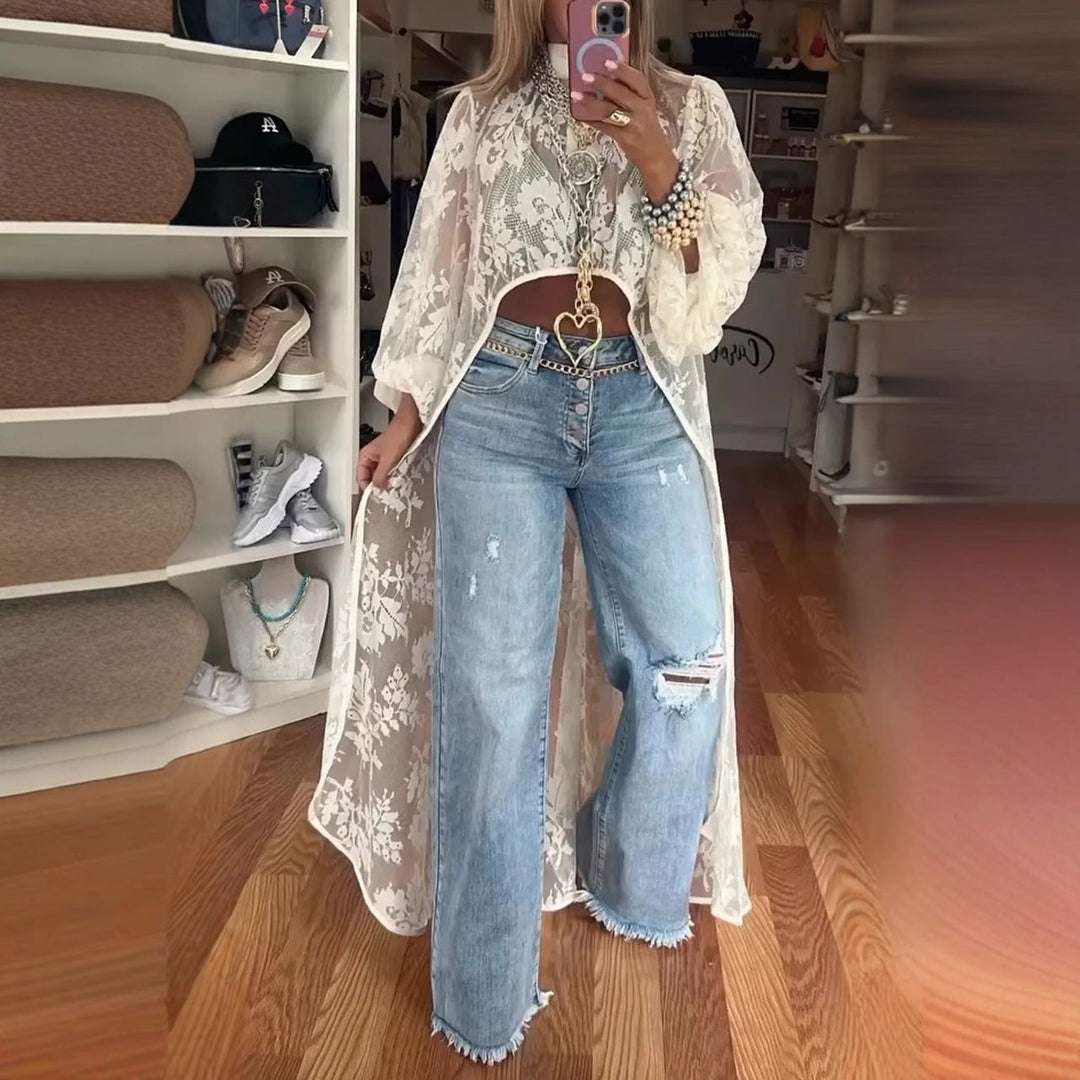 Damen Langer Kaftan mit Spitze und weit geschnittenen Ärmeln Fudus