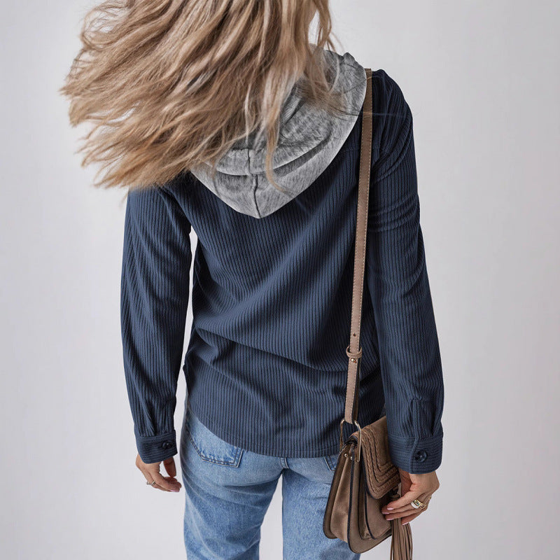 Damen lässige Hemdjacket mit Kapuze und seitlichen Taschen Fudus