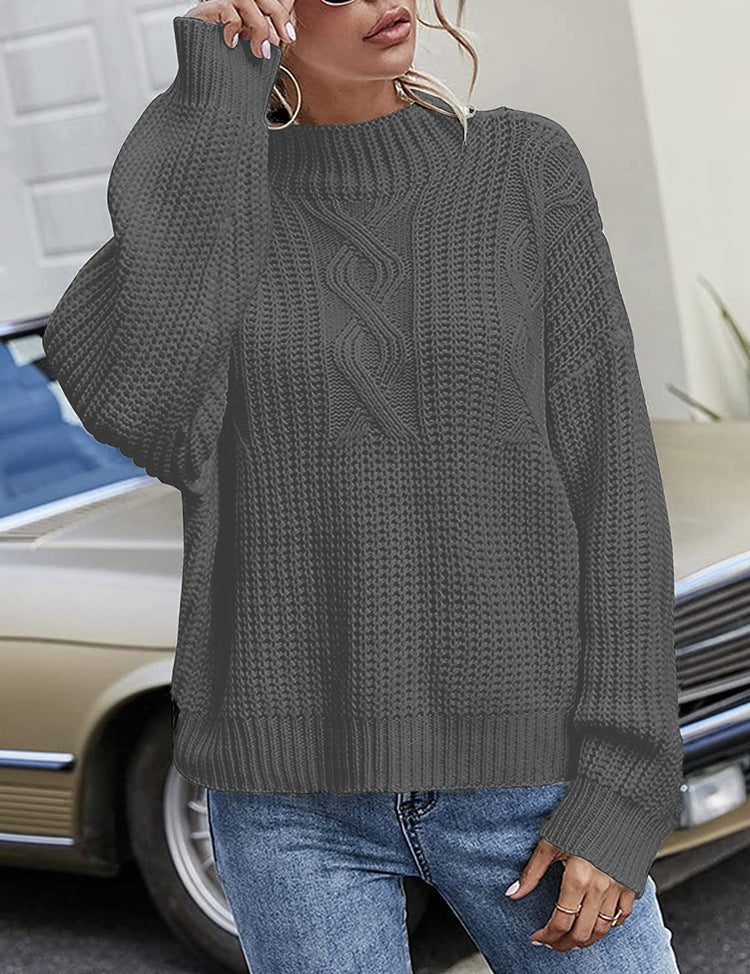 Damen Grobstrickpullover mit hohem Kragen und dekorativem Zopfmuster Fudus