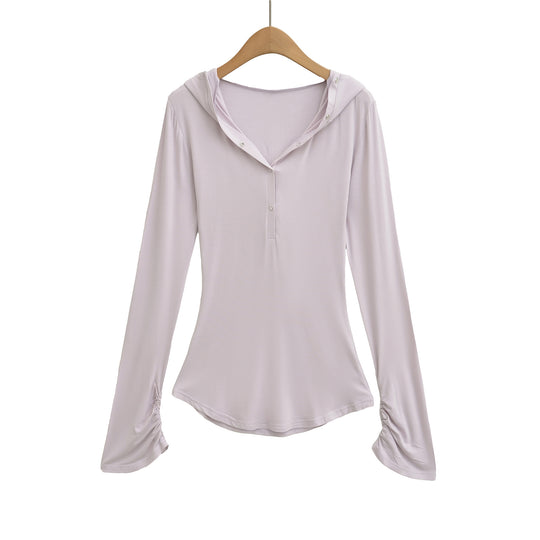 Damen langärmliges Kapuzenshirt mit modischen Knopfdetails Fudus