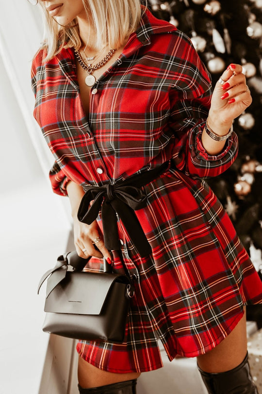 Damen Karierte Hemdblusenkleid mit Taillengürtel Fudus