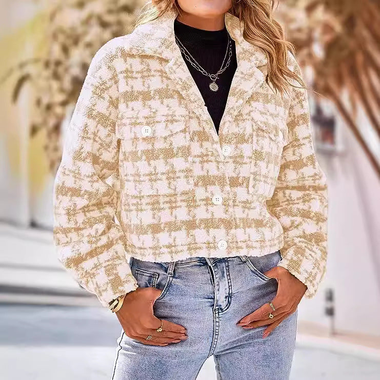 Damen Karierte Cropped Jacke Fudus