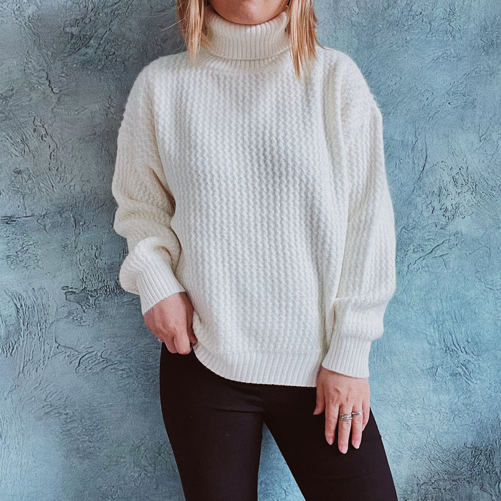 Damen Grobstrickpullover mit strukturiertem Muster und hohem Kragen Fudus