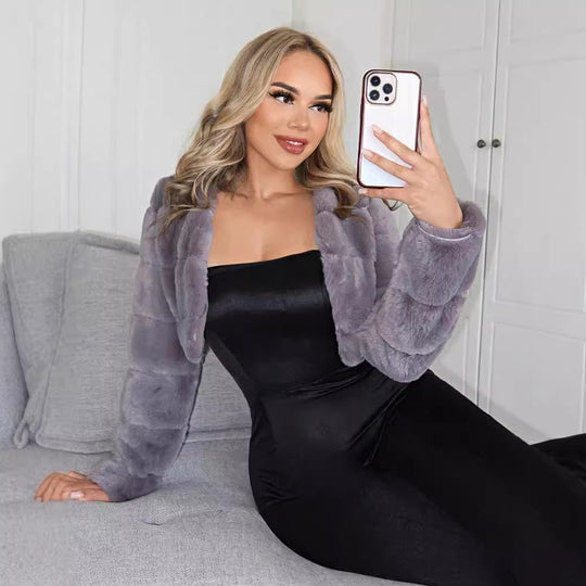 Damen Kurze Kunstpelzjacke mit breiten Ärmeln Fudus