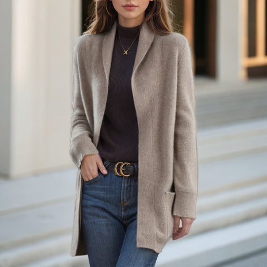 Damen Kuscheliger Strickmantel mit offenem Schnitt und praktischen Taschen Fudus