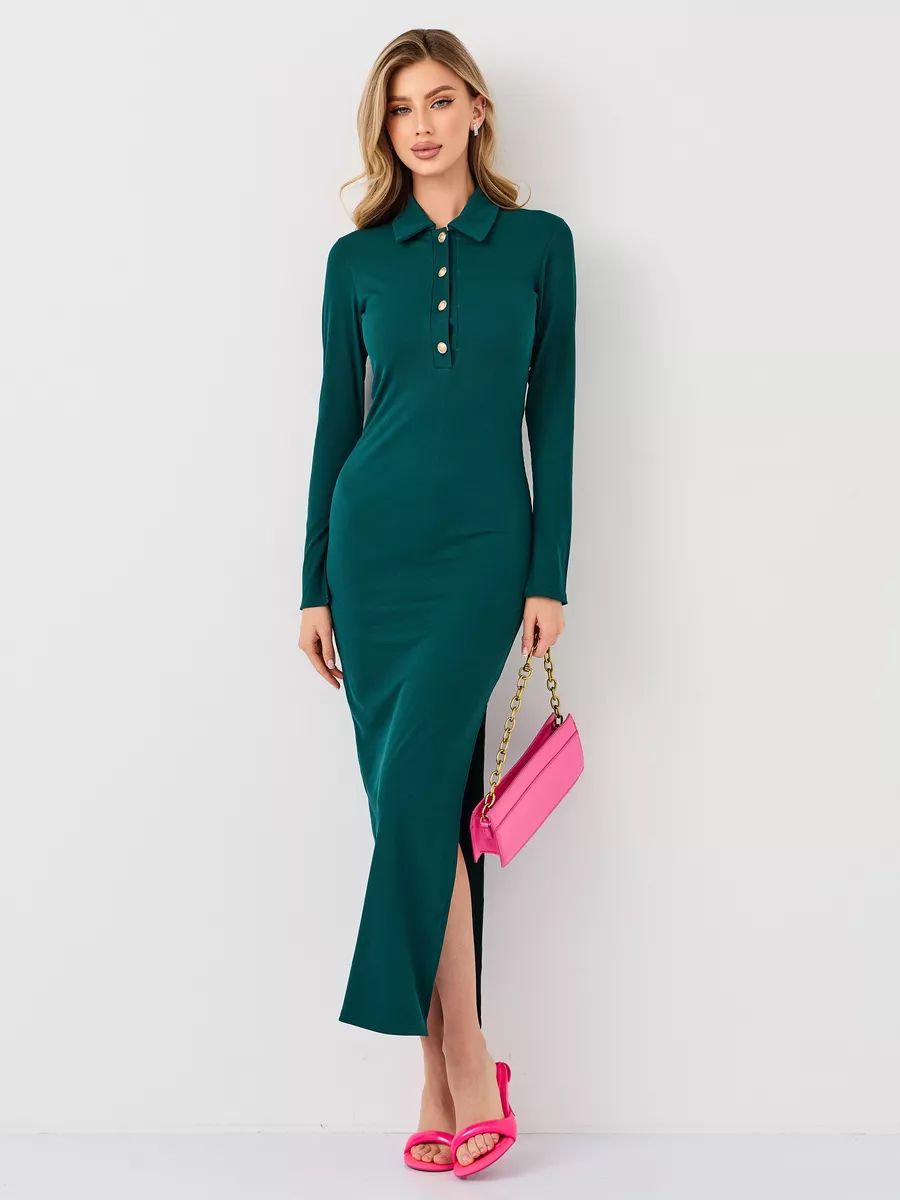 Damen Langarmkleid mit Knopfleiste und tiefem Schlitz Fudus