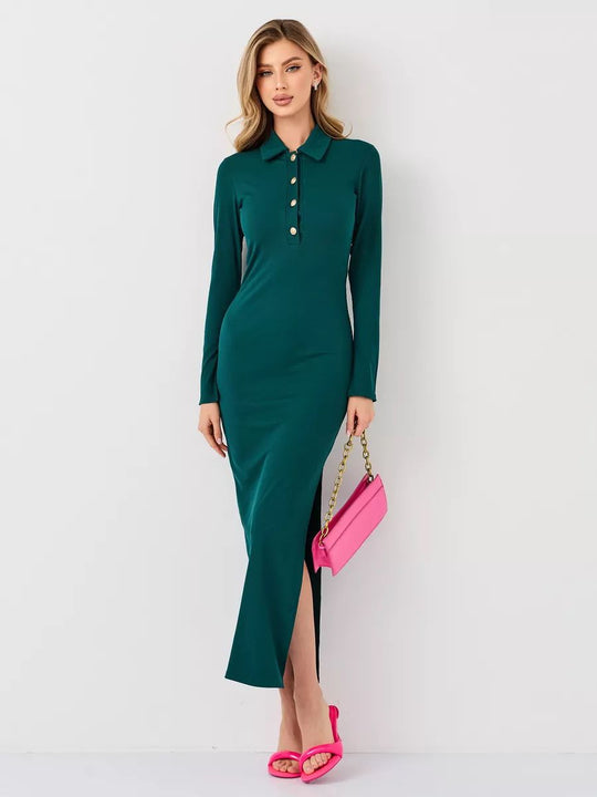 Damen Langarmkleid mit Knopfleiste und tiefem Schlitz Fudus