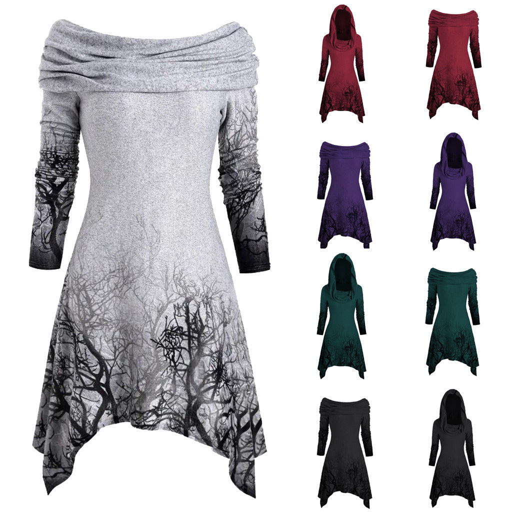 Damen Kapuzenkleid mit grafischem Baumdesign Fudus