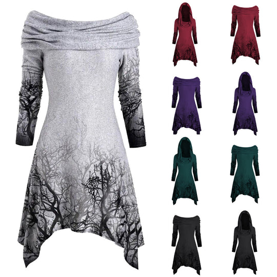 Damen Kapuzenkleid mit grafischem Baumdesign Fudus