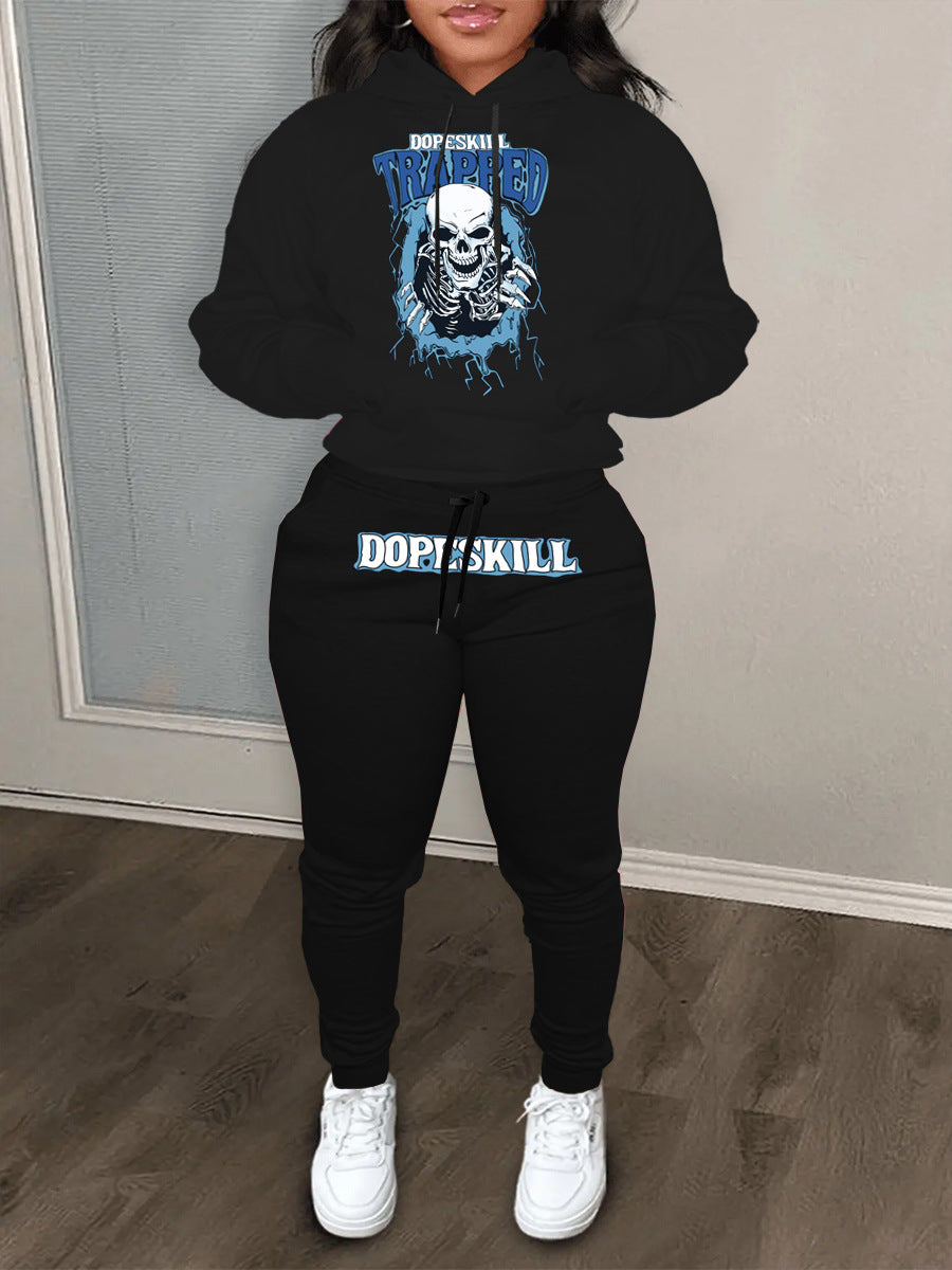 Damen Hoodie und Jogginghose Set mit auffälligem Skelettmotiv Fudus