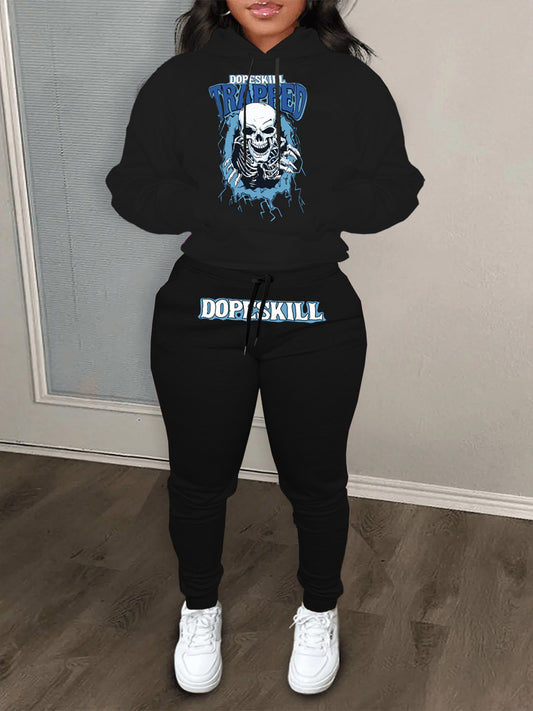 Damen Hoodie und Jogginghose Set mit auffälligem Skelettmotiv Fudus