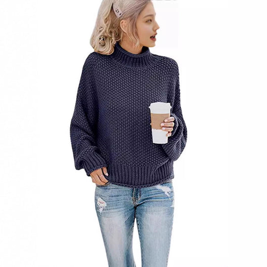 Damen kuscheliger Pullover mit hohem Kragen und weiten Ärmeln Fudus