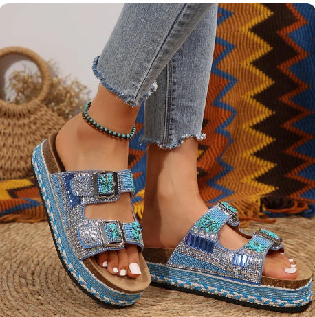 Damen Sandalen Mit Strassakzenten Und Komfortabler Korksohle