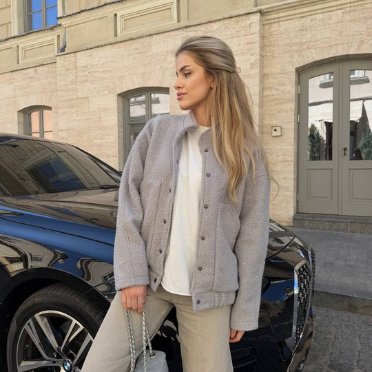 Damen kuschelige Fleecejacke mit Druckknöpfen und großen Taschen Fudus