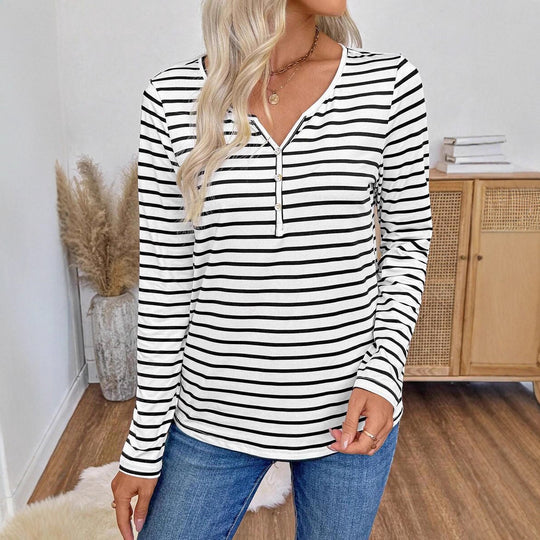 Damen Langarmshirt mit Knopfleiste und gestreiftem Design Fudus