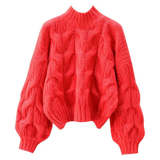 Damen kuscheliger Strickpullover mit voluminösen Ärmeln und Zopfmuster Fudus