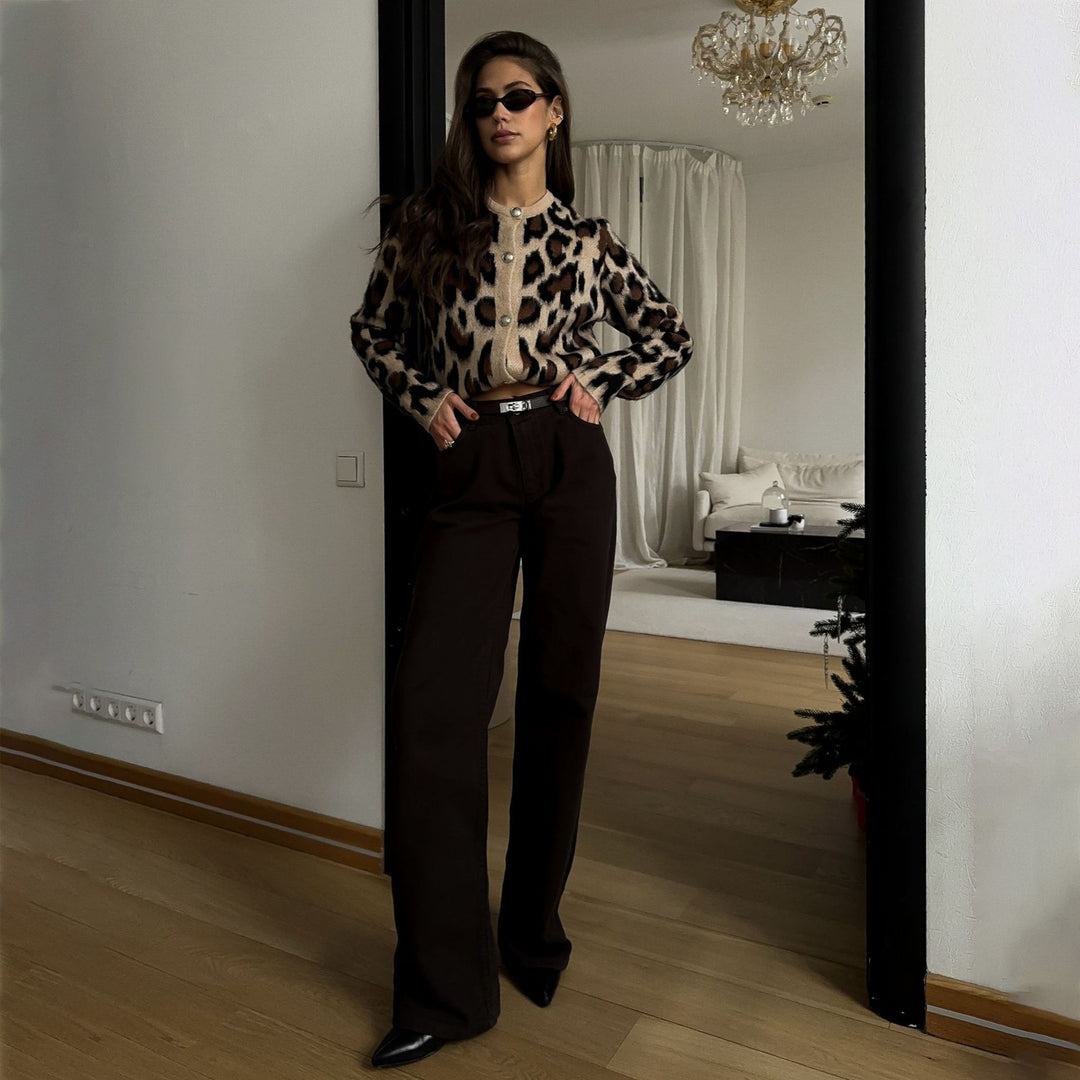 Damen kuschelige Leopardenmuster Strickjacke mit eleganten Knöpfen Fudus