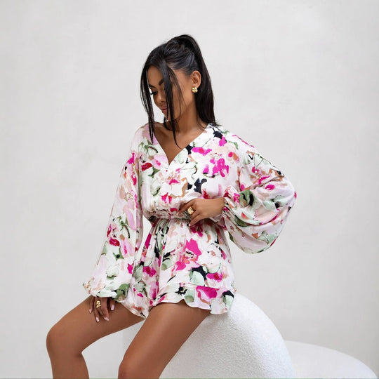 Damen Kurze Bluse mit Rüschen und floralem Design Fudus