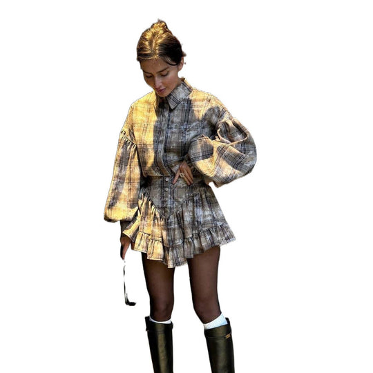 Damen Karierte Bluse und Rock Set Fudus