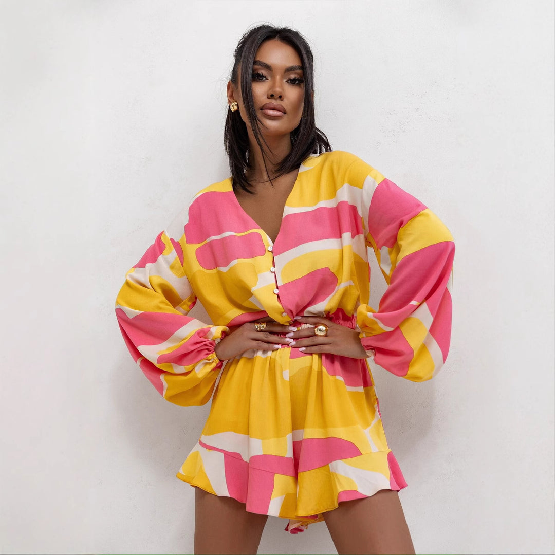 Damen Kurze Bluse mit Rüschen und floralem Design Fudus