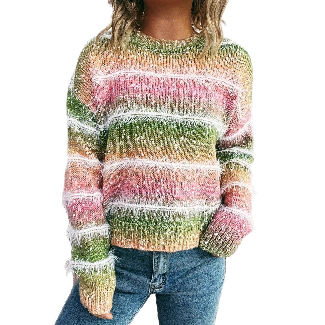 Damen kuscheliger Strickpullover mit fransigen Akzenten und attraktivem Farbverlauf Fudus