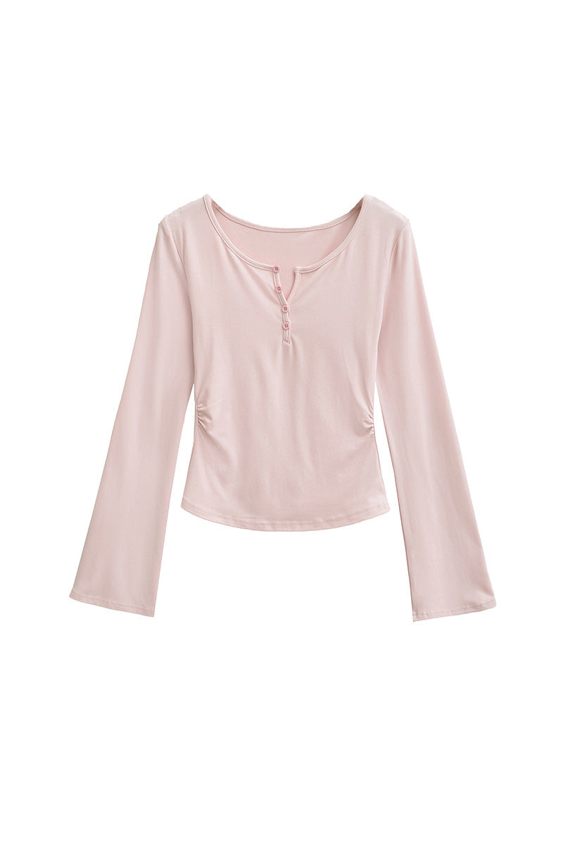 Damen langärmliges Oberteil mit dekorativen Knöpfen Fudus