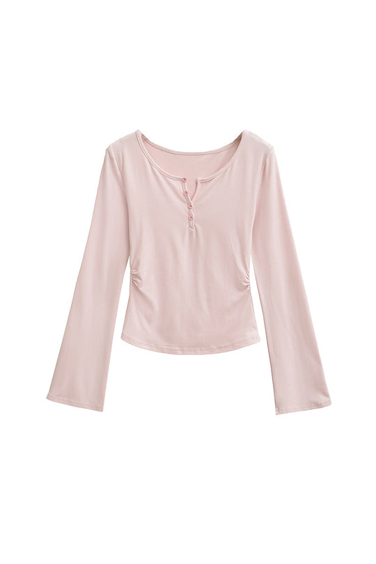 Damen langärmliges Oberteil mit dekorativen Knöpfen Fudus