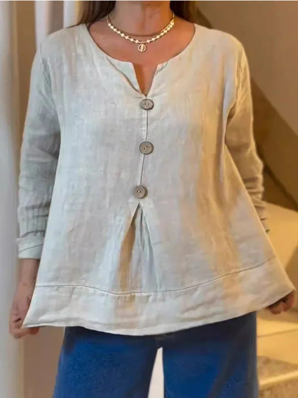 Damen lässige Leinenbluse mit durchgehender Knopfleiste und leichtem V-Ausschnitt Fudus