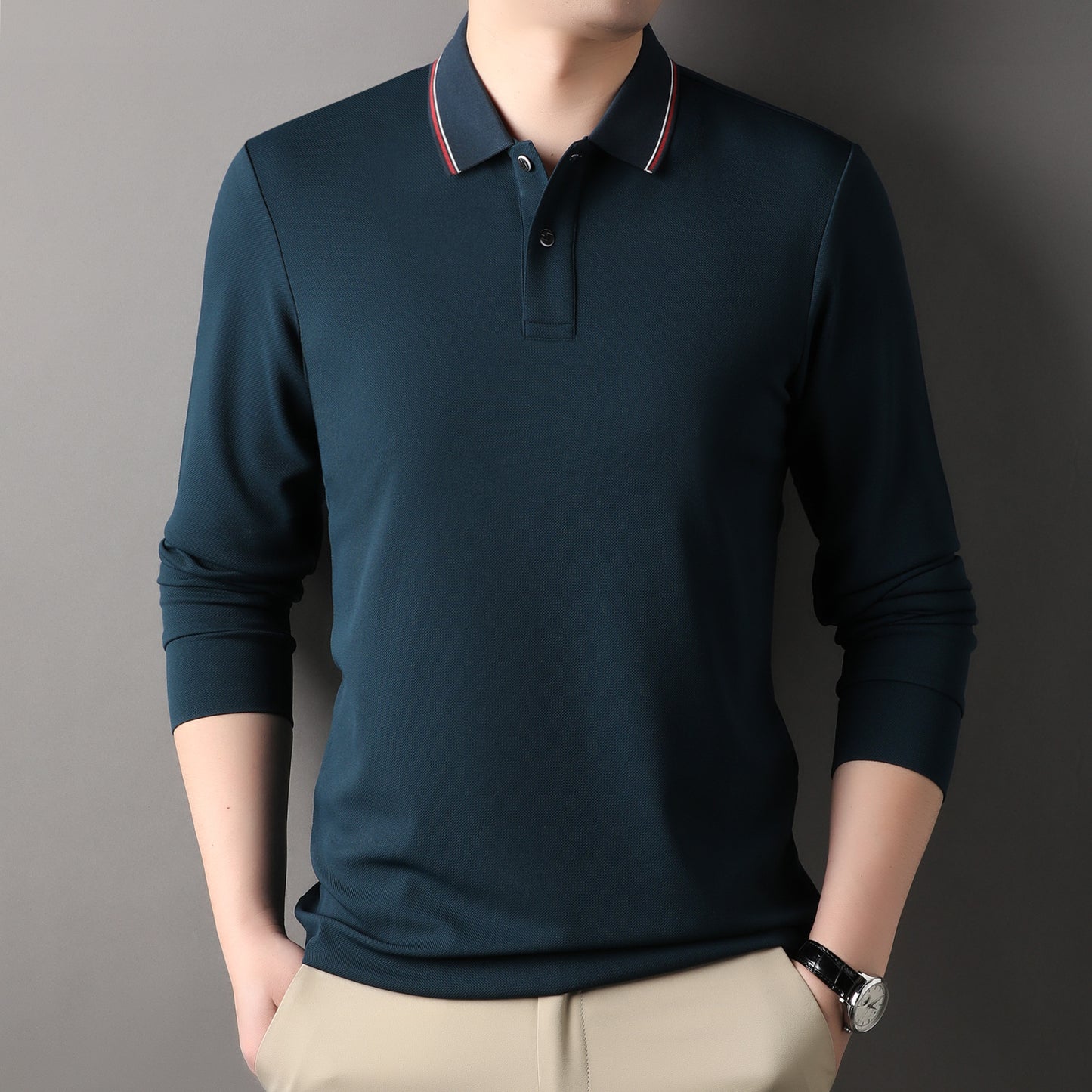 Herren elegantes Langarm-Polo mit modernem Kragen und stylischen Akzenten Fudus