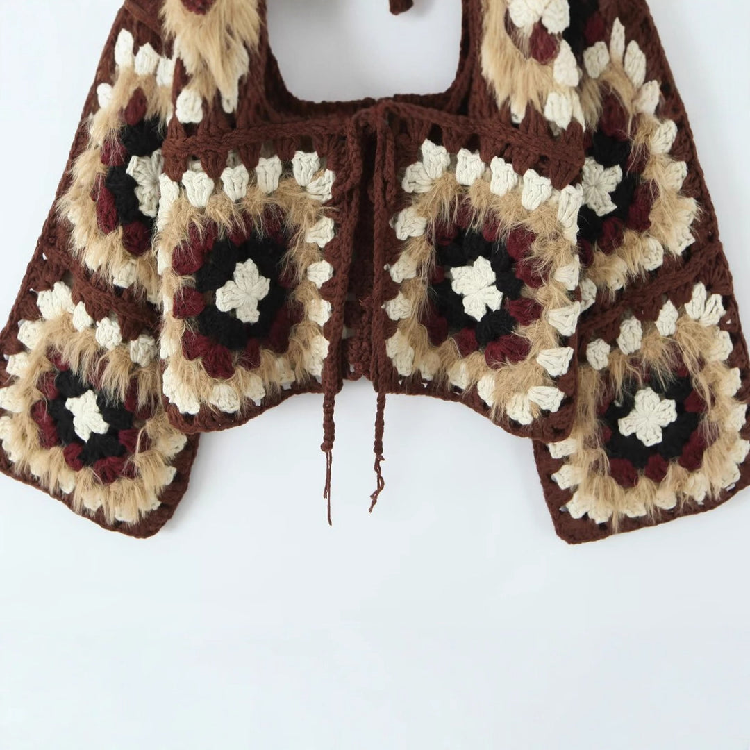 Damen lässige Strickjacke mit buntem Granny-Quadrat-Muster und Zipper Fudus