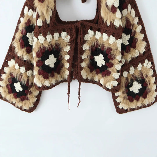 Damen lässige Strickjacke mit buntem Granny-Quadrat-Muster und Zipper Fudus